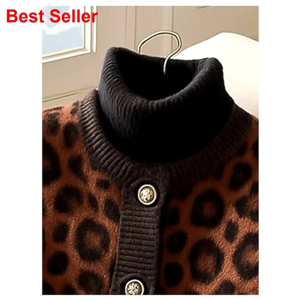 Sleeveless Leopard Print Cardigan, Button Front, Crew Neck, Knitted Fabric, - Picture 3 of 5
